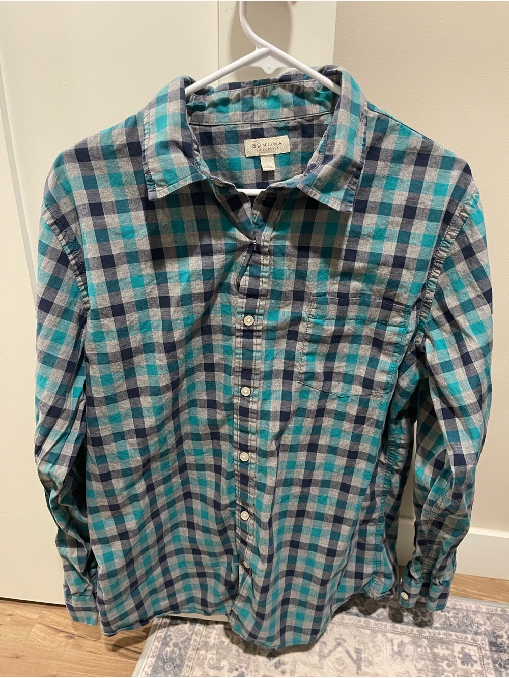 Sonoma Teal and Navy Plaid Button-Down Shirt for Men